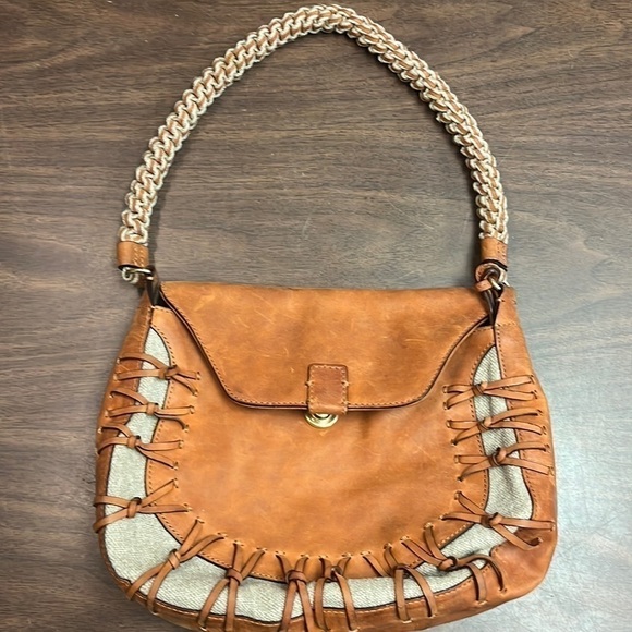 GRYSON Tan Leather Beige Canvas Saddle Bag Purse Shoulder Bag - Picture 1 of 15